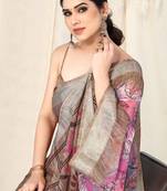 Light pink chiffon leaf print / ikkat zari line border saree with unstitched blouse piece