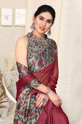 Crimson chiffon solid / floral printed floral printed printed border saree with unstitched blouse piece