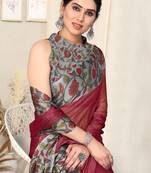 Crimson chiffon solid / floral printed floral printed printed border saree with unstitched blouse piece