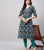 Winered woman blue floral print v-neck embriodered kurta