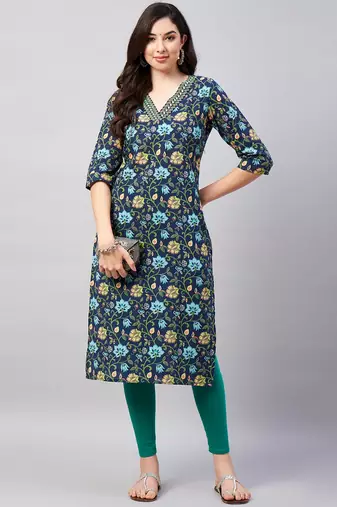 Winered woman blue floral print v-neck embriodered kurta