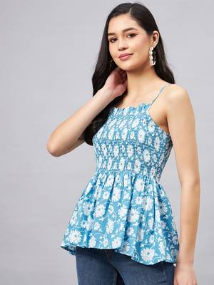 Winered woman light blue floral print smoking strap top 3