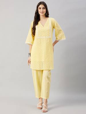 Winered woman yellow shiffli kurta sets with lace detailing 1