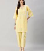 Winered woman yellow shiffli kurta sets with lace detailing