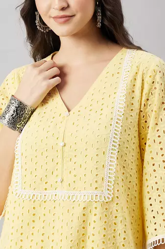 Winered woman yellow shiffli kurta sets with lace detailing