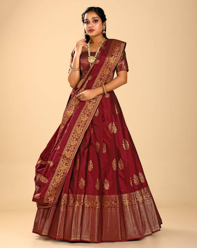 MAROON BANARASI SILK LEHENGA WITH ZARI WORK FOR WOMEN