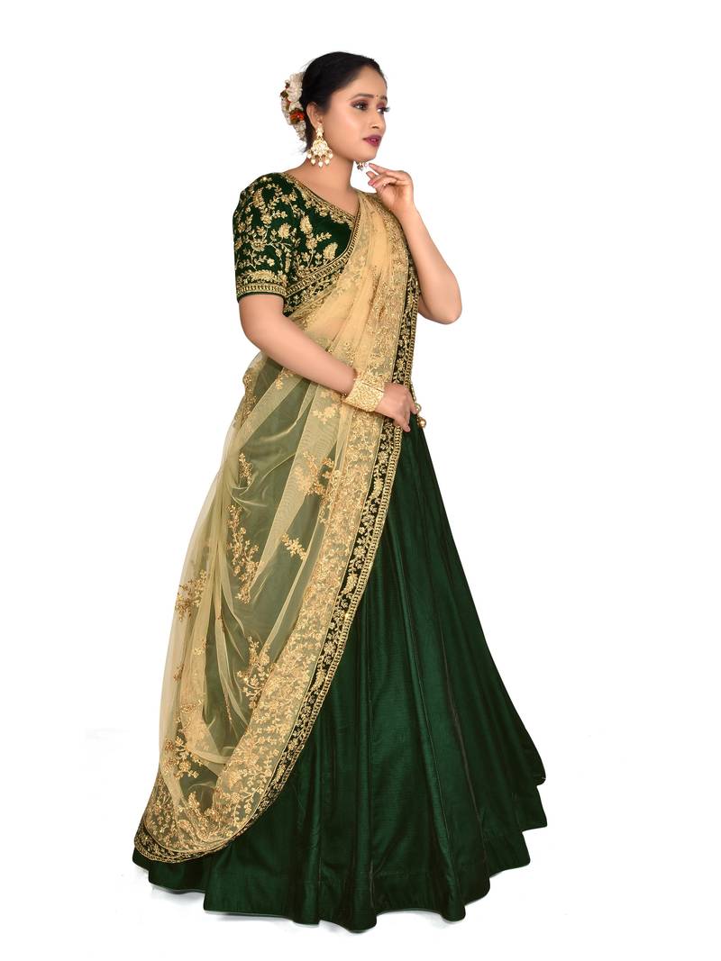 SOLID BOTTLE GREEN VELVET DESIGNER SEMI-STITCHED HALF SAREE