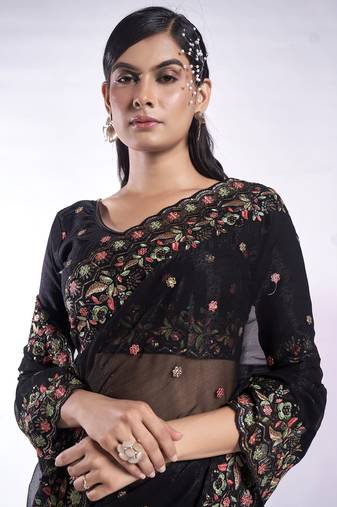 Black Shimmer Fabric Embroidery And Sequinned Work Saree With Blouse