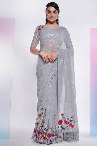 Grey Georgette Fabric Sequinned And Resham Work Designer Saree With Fancy Blouse