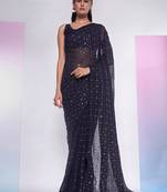 Navy Blue Georgette Fabric Sequinned Work Designer Saree With Blouse