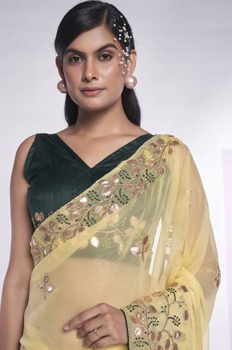 Yellow Shimmer  Fabric Embroidery And Gota Work Designer Saree With Designer Blouse