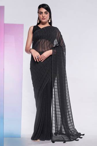 Black Georgette Fancy Fabric Saree With Designer Blouse