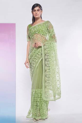 Green Soft Net Fabric Resham Work Saree With Blouse