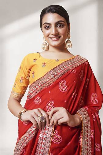 Red Vichitra Fabric Bandhani Saree With Designer Lace And Blouse