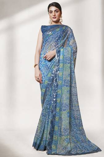 Blue Georgette Fabric Printed Saree With Sequinned Lace And Fancy Blouse
