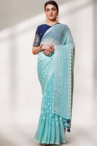 Turquoise Blue Georgette Fabric Designer Saree And Blouse