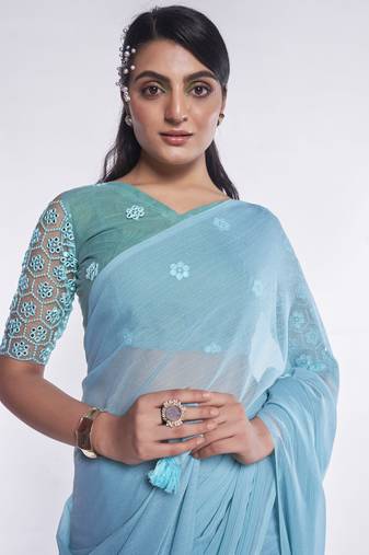 Turquoise Blue Chiffon Fabric Designer Saree And Blouse
