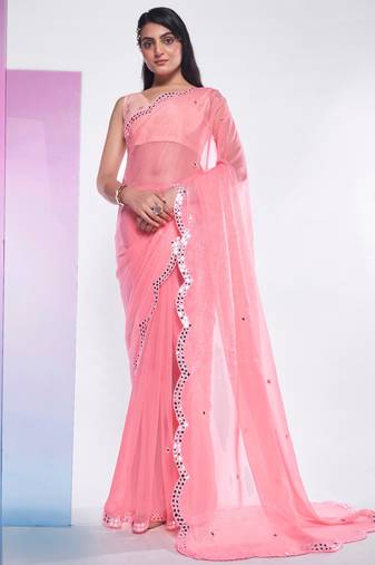 Flamingo Pink Simmer Chiffon Fabric Saree With Designer Blouse