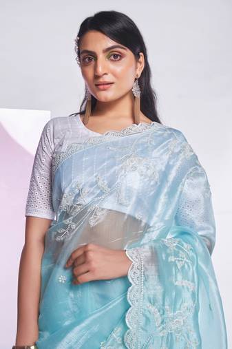 Blue Organza Fabric Designer Resham Work Saree With Blouse