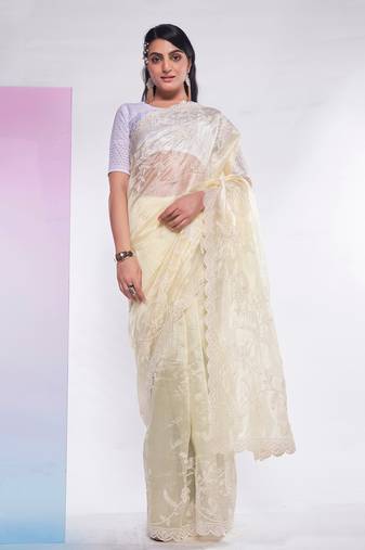 Lime Yellow Organza Fabric Designer Resham Work Saree With Blouse