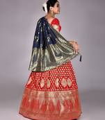 Red & blue Latest Kanjivaram silk Lehenga with Zari Woven