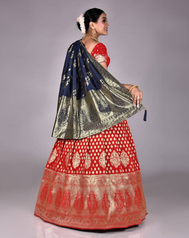 Red & blue Latest Kanjivaram silk Lehenga with Zari Woven