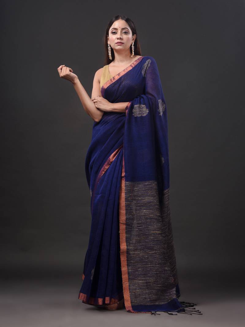 Pure linen handwoven zari work saree