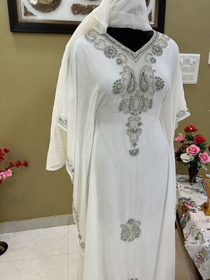 White Georgette Zari Work Party Wear Kaftan Dress 2