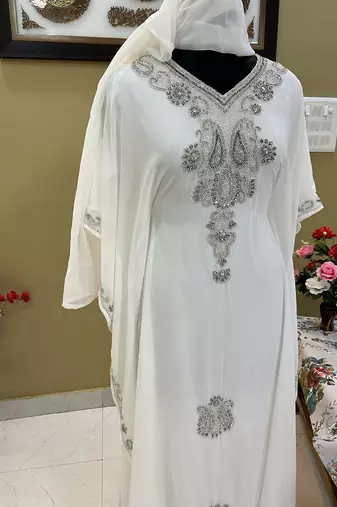 White Georgette Zari Work Party Wear Kaftan Dress