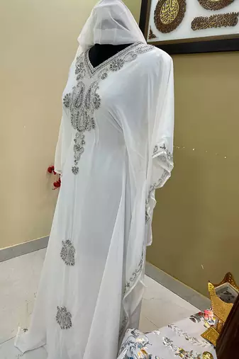 White Georgette Zari Work Party Wear Kaftan Dress
