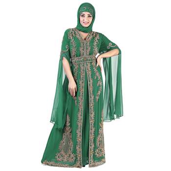 Dark Green color Long Sleeves Handmade Moroccan Kaftan Embroidered zari work hijab 1