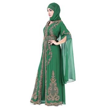 Dark Green color Long Sleeves Handmade Moroccan Kaftan Embroidered zari work hijab 2