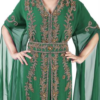 Dark Green color Long Sleeves Handmade Moroccan Kaftan Embroidered zari work hijab 3