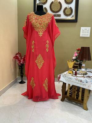 Luxurious Peach Kaftan Gown with Handcrafted Zari & Stone Work | Fitted Wedding & Event Dress 1