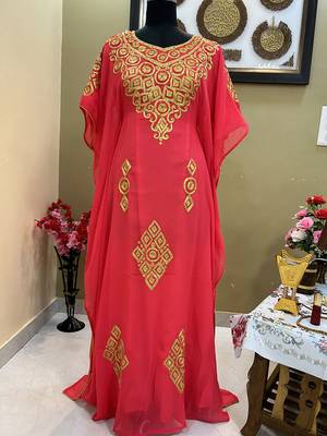 Luxurious Peach Kaftan Gown with Handcrafted Zari & Stone Work | Fitted Wedding & Event Dress 2