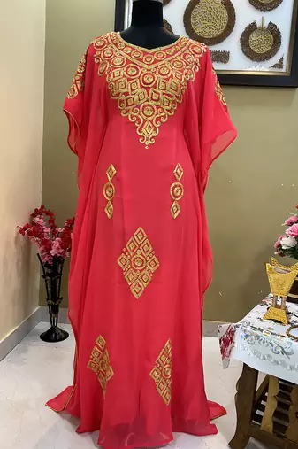 Luxurious Peach Kaftan Gown with Handcrafted Zari & Stone Work | Fitted Wedding & Event Dress