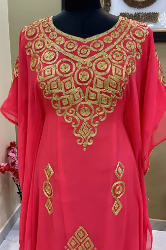 Luxurious Peach Kaftan Gown with Handcrafted Zari & Stone Work | Fitted Wedding & Event Dress