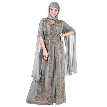 Grey color Long Sleeves Handmade Moroccan Kaftan Embroidered zari work hijab 1