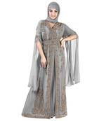 Grey color luxurious Long Sleeves Handmade Moroccan Kaftan Embroidered zari work hijab
