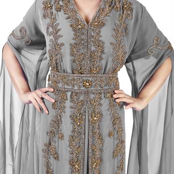 Grey color Long Sleeves Handmade Moroccan Kaftan Embroidered zari work hijab 2