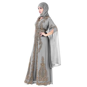 Grey color Long Sleeves Handmade Moroccan Kaftan Embroidered zari work hijab 3