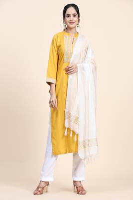Yellow thread embroiderd silk stitched straight kurta with white trouser and dupatta kurta set 1