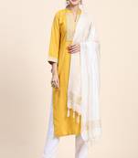 Yellow thread embroiderd silk stitched straight kurta with white trouser and dupatta kurta set