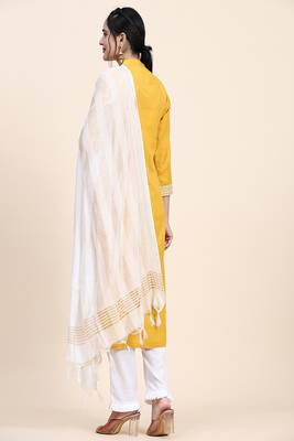 Yellow thread embroiderd silk stitched straight kurta with white trouser and dupatta kurta set 2