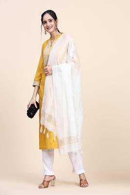Yellow thread embroiderd silk stitched straight kurta with white trouser and dupatta kurta set 3