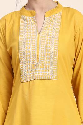 Yellow thread embroiderd silk stitched straight kurta with white trouser and dupatta kurta set 4