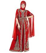 Maroon color luxurious Long Sleeves Handmade Moroccan Kaftan Embroidered zari work hijab