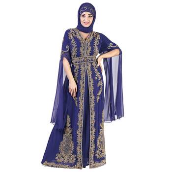 Navy Blue color Long Sleeves Handmade Moroccan KaftanEmbroidered zari work hijab 1