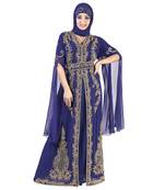 Navy Blue color luxurious Long Sleeves Handmade Moroccan Kaftan.Embroidered zari work hijab