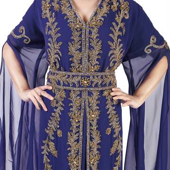 Navy Blue color Long Sleeves Handmade Moroccan KaftanEmbroidered zari work hijab 2